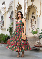 Cotton Green Floral Printed Skirt and Style Dress